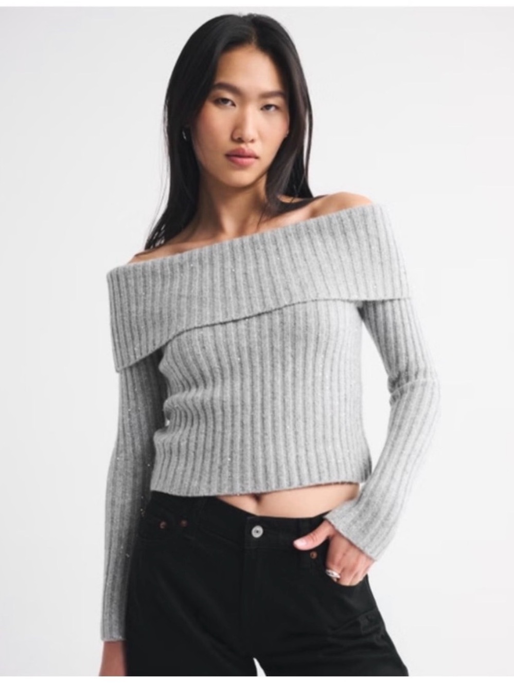 Abercrombie & Fitch Ribbed Foldover Off-The-Shoulder Sweater Silver Grey